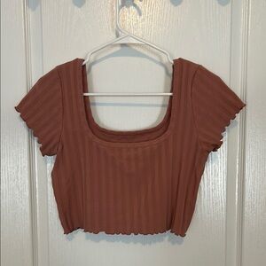 Brown Ribbed Cap Sleeve Crop Top